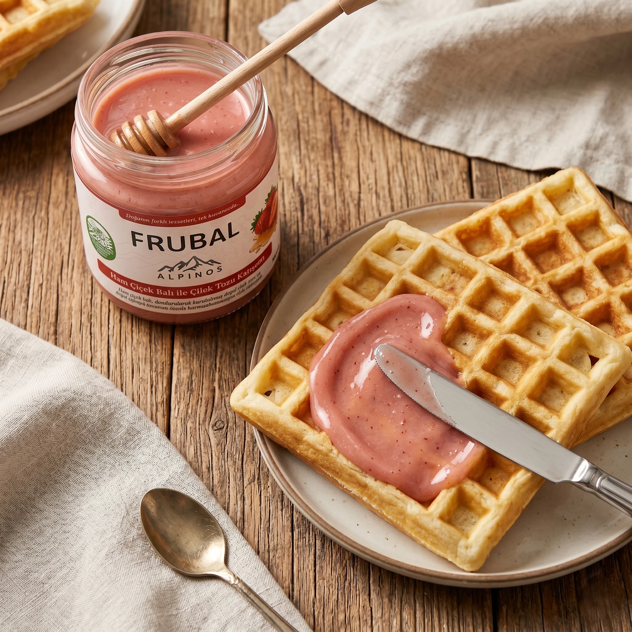 Frubal Cilekli Bal Waffle Uzerinde
